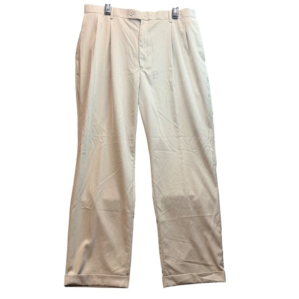 Saddlebred Pleated Dress Pants Mens 40x32 Khaki Tan Cuffed Trousers Office FLAW